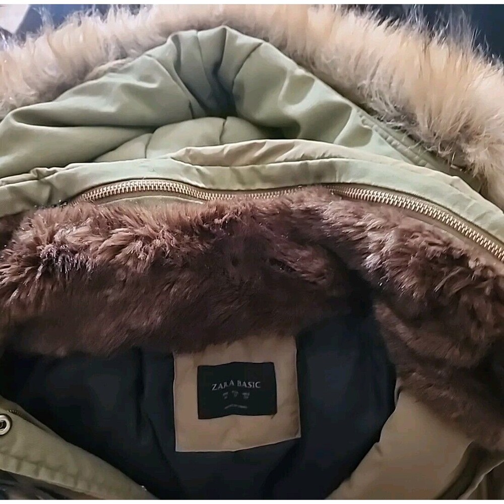 Zara Hooded Puffer Parka Jacket Womens Med With Toggles Olive Army Green - Picture 10 of 12